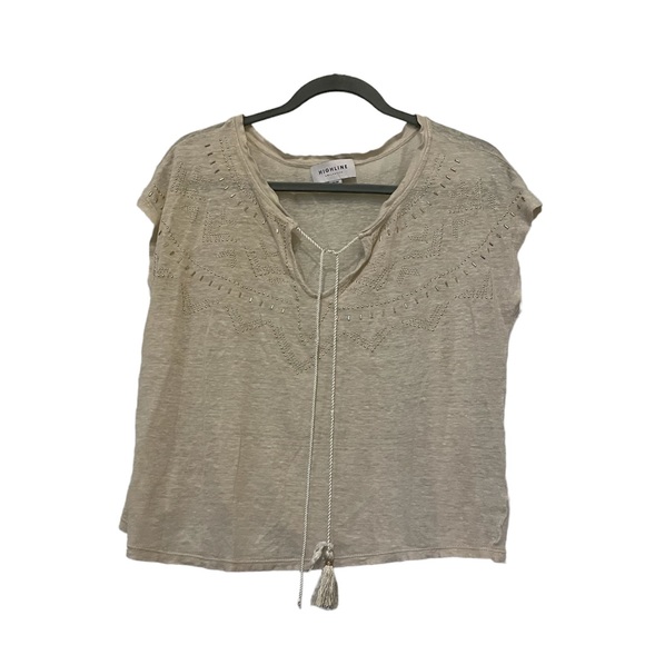 highline Tops - Highline collective 100% linen tee beige tan medium beads neutral short sleeve